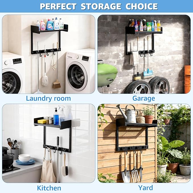 HUFAND Broom Holder Wall Mount, 15" Large Mop and Broom Organizer Wall Hanging with Top Storage Shelf, Heavy Duty Iron Utility Rack for Laundry Room, Garage, Kitchen, Garden - Black