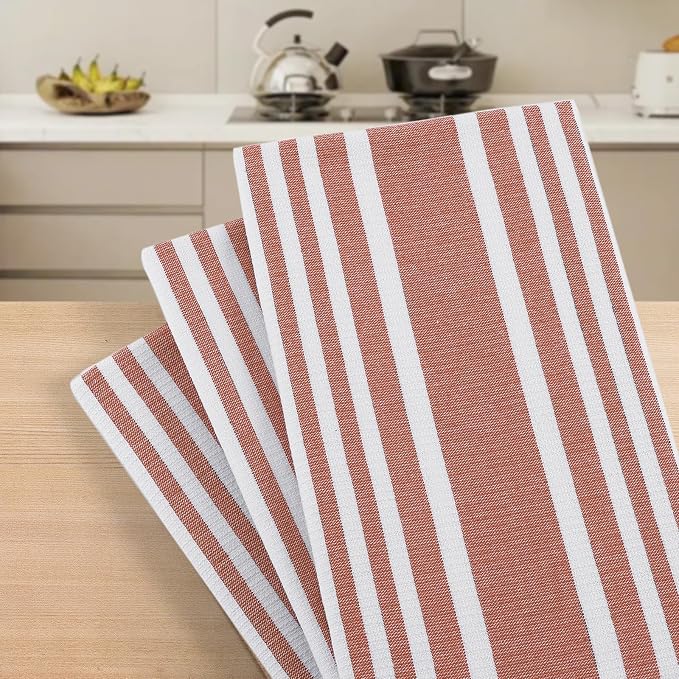 Homaxy Premium Kitchen Towels 18”x 28”, Large Cotton 380 GSM Kitchen Hand Towels, Stripe and Terry Dish Towel, Highly Absorbent Tea Towel Set with Hanging Loop, 6 Pack, Rust