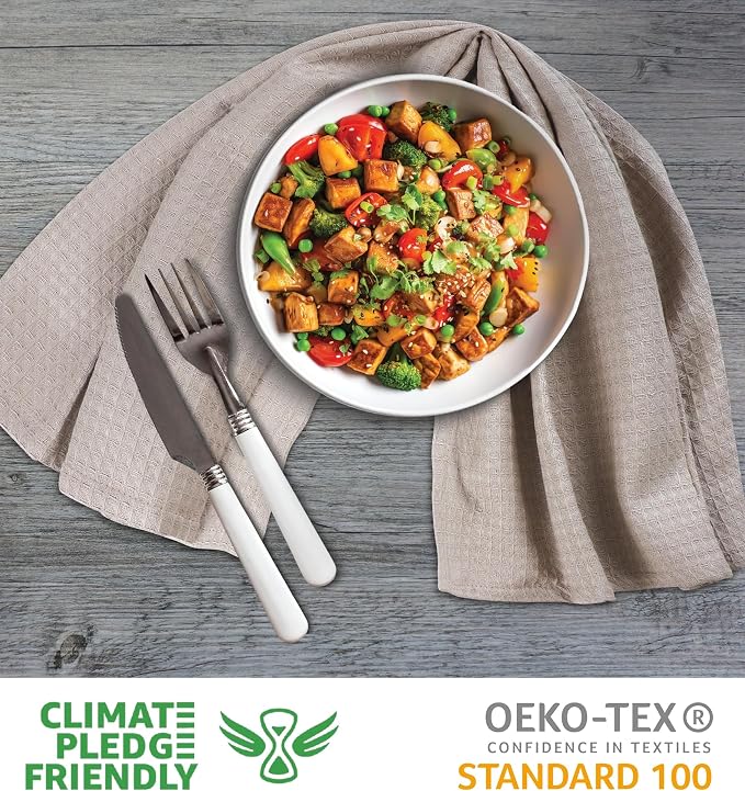 Urban Villa Waffle Dish Towels - Tan Color Set of 6 Highly Absorbent Cotton Towels - Oversized 18x28 with Mitered Corners
