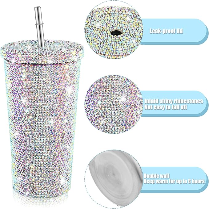 Mimorou Studded Bling Diamond Tumbler Glitter Water Bottle with Lid Stainless Steel Vacuum Thermal Straw Rhinestone Tumbler with 1 Pcs Cup Brush 6 Pcs Straw Brushes for Women(16.9 oz,AB Color)