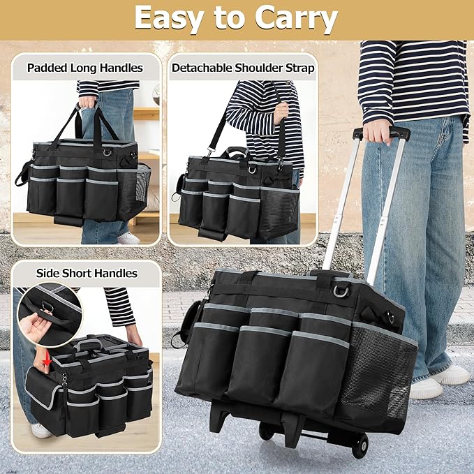 HODRANT Large Cleaning Caddy with Detachable Trolley & Shoulder Strap, Cleaning Supplies Bag with Handles & Support Plates, Cleaning Product Rolling Organizer for Car Wash and Housekeeping