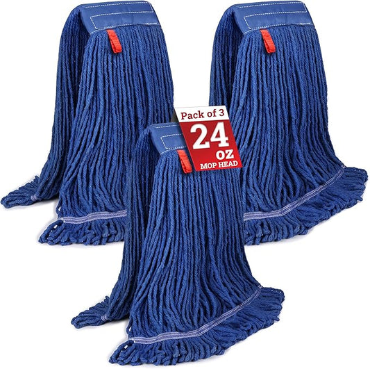 KLEEN HANDLER Blended Loop End Heavy Duty Mop Head Replacement, Wet Mop Refills for Industrial and Commercial Use, Dark Blue, 24 Oz (3-Pack)
