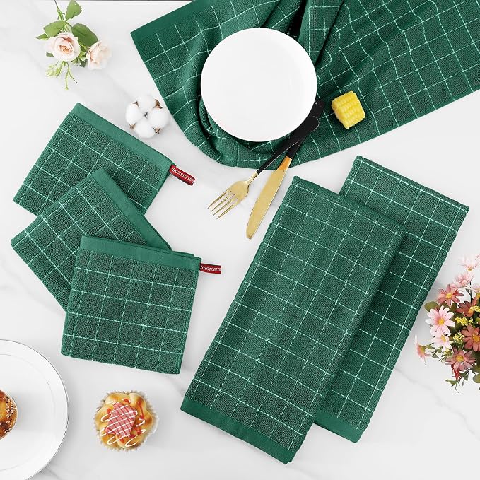 Homaxy Kitchen Towels and Dishcloths Set, 12 x 12 and 13 x 28 Inches, Set of 12 Bulk Cotton Terry Kitchen Towels Set, Checkered Designed, Soft and Super Absorbent Dish Towels, Dark Green