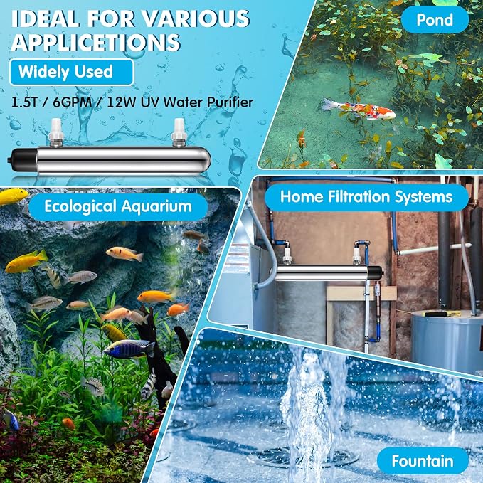 Qualirey 12W UV Pond Water Clarifier, Stainless Steel in-Line UV Light for Koi Pond, Aquarium, Fish Tank, Fountain & Cold Plunge Water Clarity, External Use Only, Not Submersible