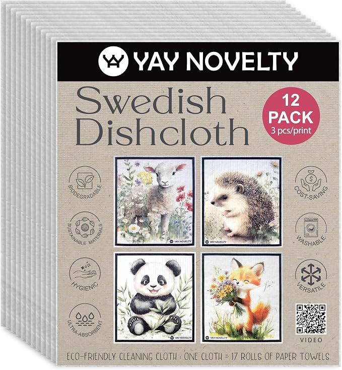 Swedish Dishcloths - 12 Pack | Made in Germany | Ultra-Absorbent, Reusable Cellulose Sponge Cloths for Kitchen | No-Odor, Eco-Friendly Cleaning Wipes | Water-Based Ink | Little Wilds
