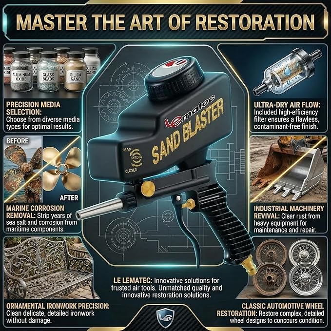 LE LEMATEC Portable Sand Blaster Gun Kit | Gravity Feed Air Tool for Rust Removal, Glass Etching & Paint Stripping | Requires 4 CFM @ 90 PSI Air Compressor - Sandblasting Steel Nozzle