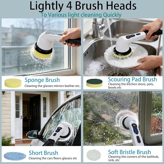 Electric Spin Scrubber Shower Cleaner Brush Cordless Power Cleaning 8 Brush Heads Extendable Handle 3 Adjustable 2 Speeds IPX7 Waterproof for Bathroom Kitchen