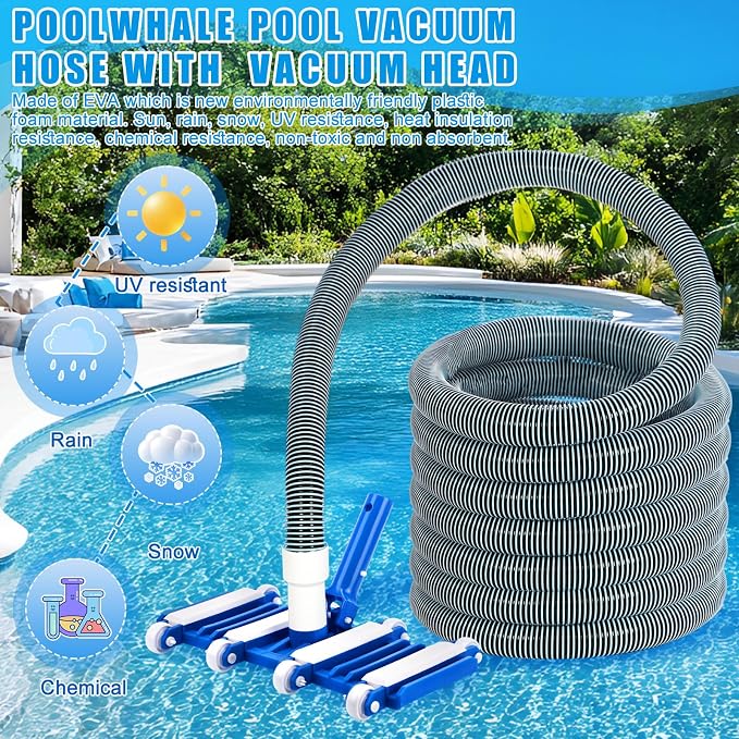 4 Pcs Swimming Pool Cleaning Kit Including Pool Vacuum Head with 1-1/2" x 30 ft Hoses Flexible Head with Wheels and Pole 14 '' Cleaning Brush for Inground Above Ground Swimming Supplies