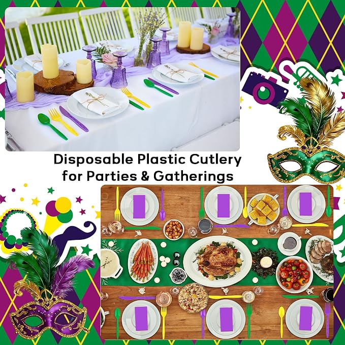 Kochorie 90 Pieces Mardi Gras Plastic Cutlery Set Purple Yellow Green Disposable Plastic Utensils Heavy Duty Flatware Set Include 30 Knives 30 Forks 30 Spoons for Carnival Masquerade Birthday Party