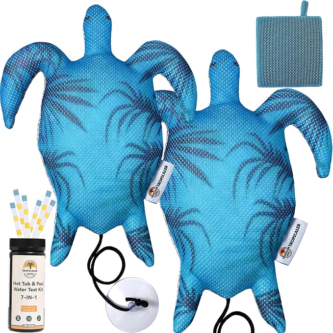 Hot Tub Scum Absorber Turtle 2 Pack for Spa Hot Tub – Floating Hot Tub Scum Sponge Set with Water Test Kit & Mesh Cleaning Cloths, Reusable Scum Sponge for Hot Tub, Essential Hot Tub Accessories
