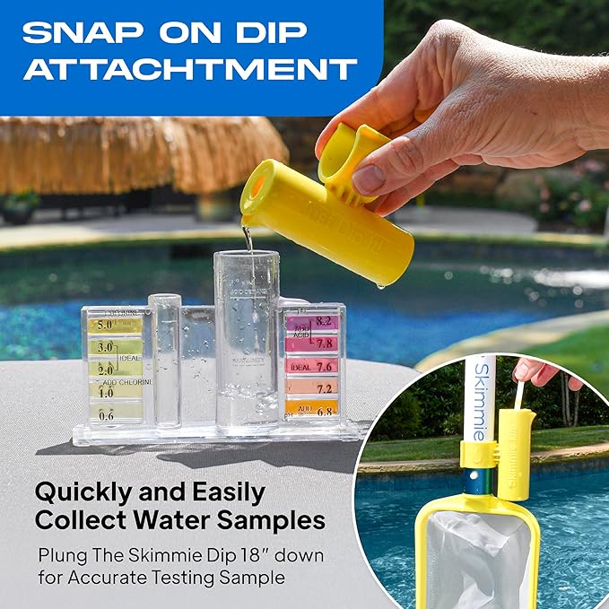 The Skimmie (Long Version) Pool Skimmer Net & Pole 53" with Stainless Steel Hook, Two Skimmer Basket Handles, Fine Mesh Net & Skimmie Dip - Hands-Free Removal of Debris, Bugs, Frogs, Small, Animals
