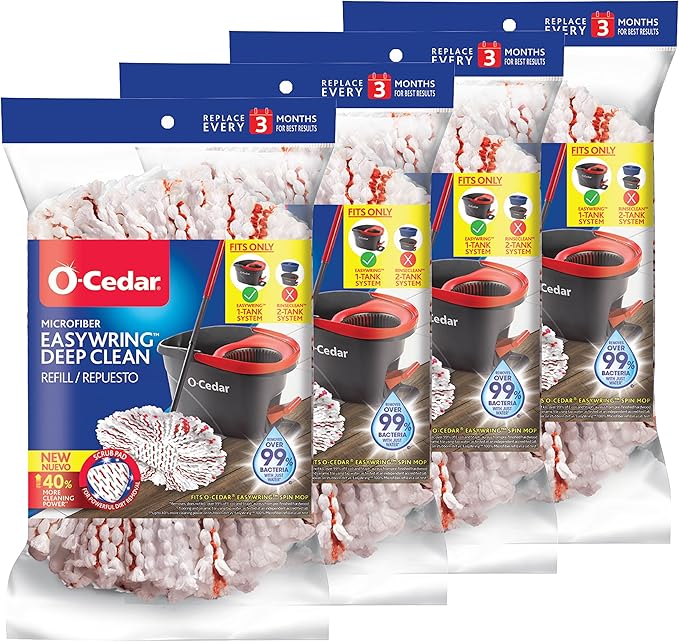 O-Cedar EasyWring Deep Clean Refill (4-Pack) | 40% More Cleaning Power | Microfiber Mop Refill + O-Cedar EasyWring Microfiber Spin Mop, Bucket Floor Cleaning System, Red, Gray