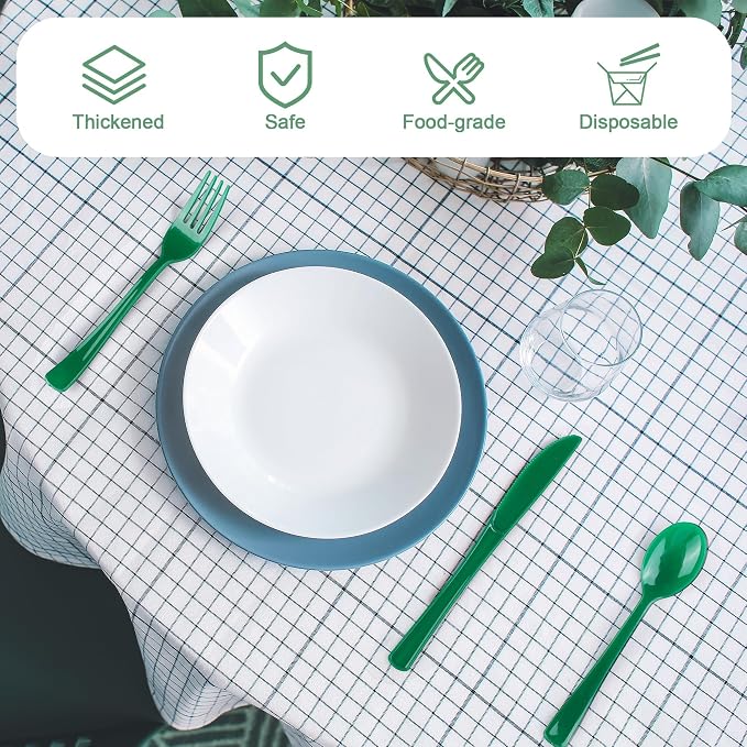 Kochorie 300Pcs Graduation Ink Green Heavy Duty Disposable Plastic Silverware Set, Premium Sturdy Cutlery Flatware Include Forks Knives Spoons for Graduation Birthday Wedding Party Dinner