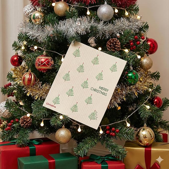 Christmas Holiday Swedish Dishcloth, Reusable Paper Towel, Super Absorbent Cellulose Sponge, Washable Kitchen Cleaning Cloth (Winter Evergreens - 1 Pack)