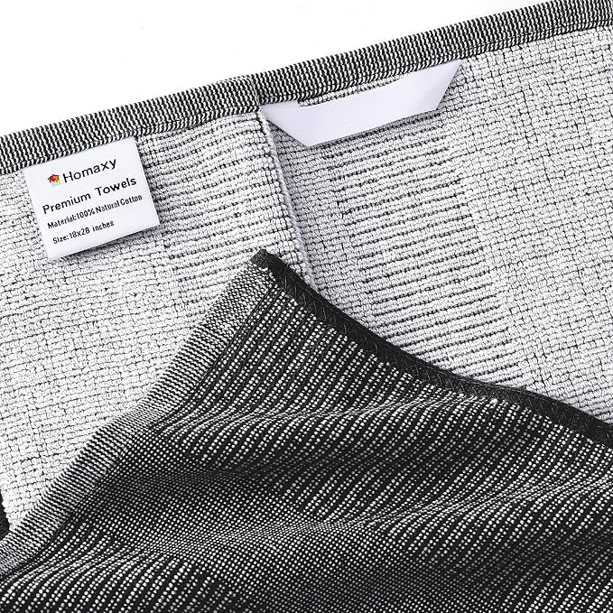 Homaxy Premium Kitchen Towels(18”x 28”, 6 Pack), Large Cotton Kitchen Hand Towels, Flat and Terry Dish Towels, 380 GSM Highly Absorbent Tea Towel Set with Hanging Loop, Black