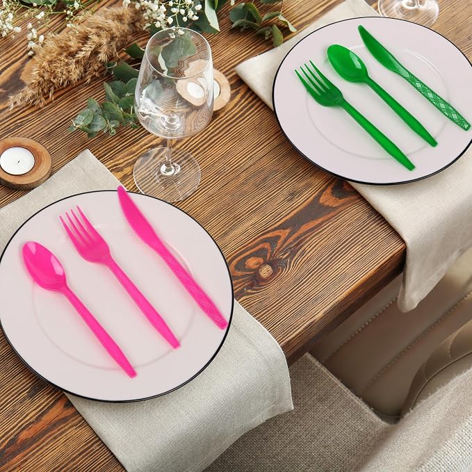 Kochorie 360 Pieces Neon Party Plastic Cutlery Set Disposable Colorful Plastic Utensils Heavy Duty Flatware Set Includes 120 Knives 120 Forks 120 Spoons for Party Birthday Wedding