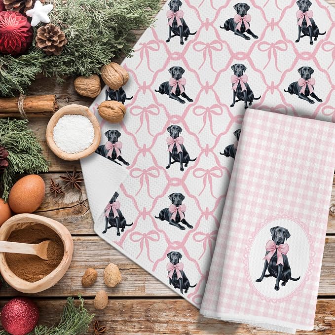 Coquette Pink Bow Black Labrador Retriever Gifts Kitchen Hand Towels for Bathroom，Black Lab Gifts,Coquette Pink Labrador Retriever Dog Girly Bathroom Kitchen Decor,16x24 Inch Set of 2