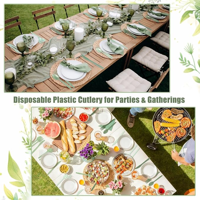 Kochorie 360 Pieces Gradient Sage Green Plastic Cutlery Set Disposable Plastic Utensils Heavy Duty Flatware Set Includes 120 Knives 120 Forks 120 Spoons for Birthday Wedding Baby Shower Party, Picnic