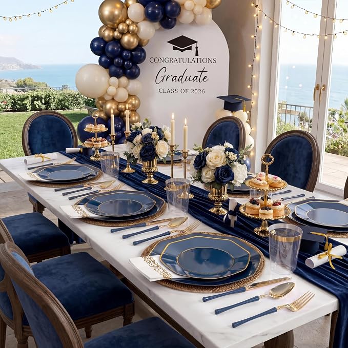KIRE 140Pcs Blue Plastic Plates with Gold Rim - Gold Disposable Plastic Silverware with Blue Handle&Clear Cups&Hand Napkin - Geometric Party Plates for Memorial Day/Party/Graduation/Father's Day