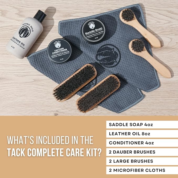 Rhino Wax - Complete Saddle Soap and Horse Tack Kit -Includes: SaddleSoap - Leather Conditioner - Oil - Brushes - Cloths. Equestrian Supplies (Boots, Bridles, Saddles, Horse Stuff) - Made in the USA