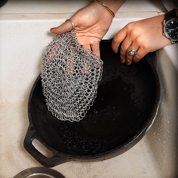 Mythrojan Cast Iron Scrubber Premium 316L Stainless Steel Skillet Cleaner 5 Pack Cast Iron Chaimail Scrubber for Pan, Hard Anodized Cookware, Dutch Oven BBQ Grill, Wok, Cooking Pot