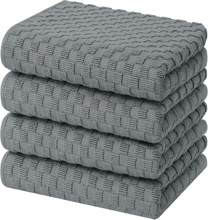 Homaxy 100% Cotton Terry Kitchen Towels(15" x 25", 4 Pack), Soft and Super Absorbent Dish Towels, 380 GSM Reusable Tea Towel with Hanging Loop, Pineapple Grid Designed, Dark Grey