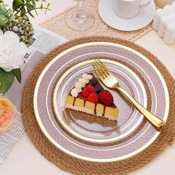 BESTSTAR 100PCS Clear Plastic Plates for Party, 10.25 Inch Disposable Plates with Gold Rim, Heavy Duty Dinner Plates for Wedding and Birthday