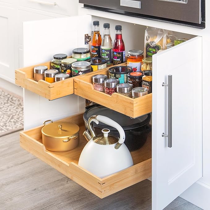 HOLDN’ STORAGE Bamboo Wooden Pull out Cabinet Organizer 24"W x 21"D Requires At Least a 25.25"W x 21"D Cabinet Opening W/Lifetime Limited Warranty, Bamboo Tray and Heavy Gauge Metal Rails