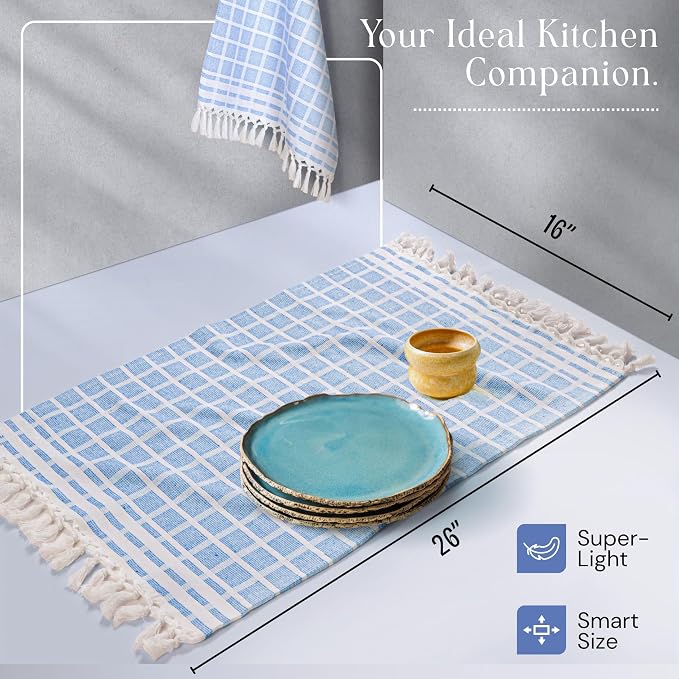 Matrix Dobby Kitchen Towels 4 Pack, 100% Cotton, 16x26 Inches, Handmade Knotted Tassel Dish Towels, Quick Dry, Durable, Absorbent and Reusable Cleaning Cloths - Sky Blue, Natural
