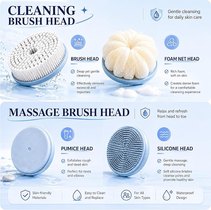 Electric Body Brush Back Scrubber for Shower, Waterproof Long Dual Handle Power Body Scrubber with 4 Heads, Rechargeable Bath Brush & 2 Speeds, for Cleansing, Exfoliating and Massaging Skin