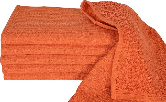 Dish Cloths|Kitchen Dish Towels Two-sided Waffle Terry|12x12 Inches 100% Cotton|Super Absorbent Reusable Quick Drying|Orange 6-Pc Set