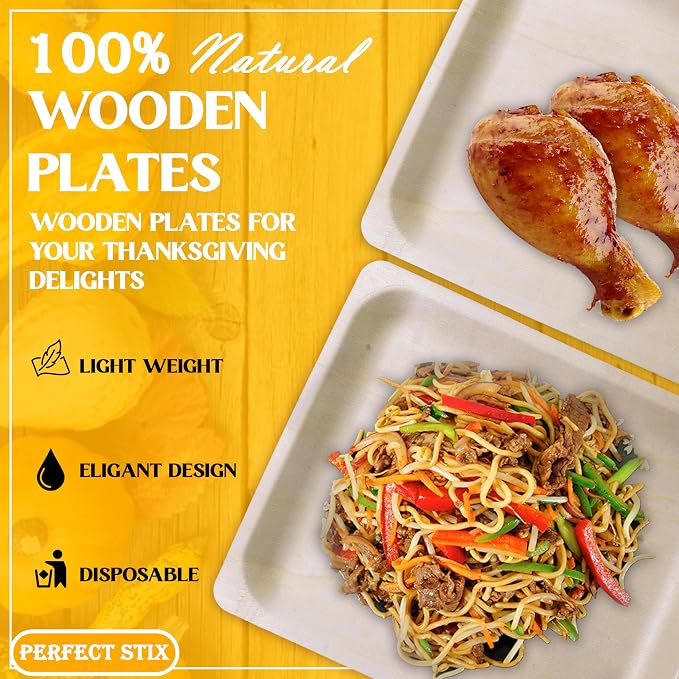Perfect Stix - Perfectware 10-Eat,Drink,be Thankful-25 10" Disposable Wooden Plates with Thanksgiving Theme Print"Eat, Drink, and be Thankful" - Pack of 25ct