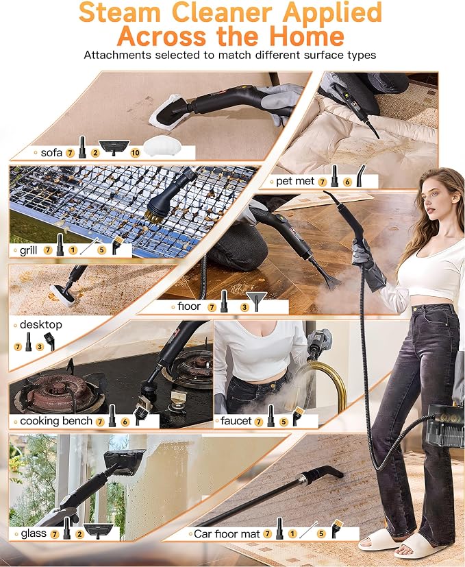 Gautye Steam Cleaner, 3 Level Adjustable Handle with 18 Accessories, Black | 10s Heat Up, 2.11 Quarts Tank, Handle Steam Cleaner for Home, Steamer for Cleaning for Kitchen, Grout, Dirt, Tile, Floor, Car