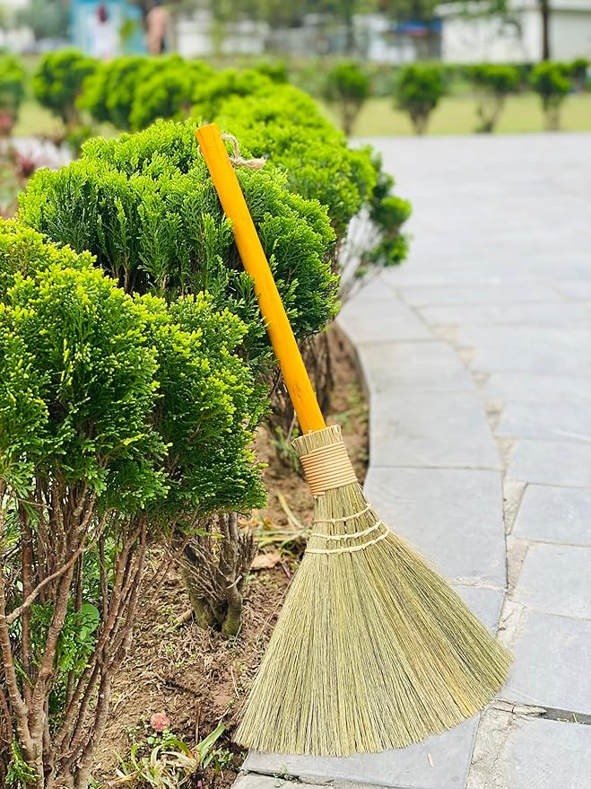 Handmade Whisk Sweeping Orange Broom - Vietnamese Straw Soft Broom - Brooms Decorative 12.2" Width, 28.35" Length