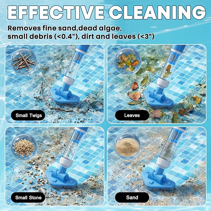 3-in-1 Cordless Pool Vacuum for Above Ground Pool, Handheld Spa Hot Tub Vacuum with 3 Brush Heads, 9.25 GPM Powerful Suction, 70 Mins Running Time, 6.04Ft Max Working Depth, Ideal for Leaves, Debris