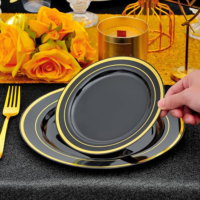 350pcs Black and Gold Dinnerware Set for 50 Guests, Black Plastic Plates with Gold Rim for Party -50 Dinne/Dessert Plates, 150 Silverware Set,50 Napkins and Cups