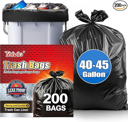 Teivio Large Black Trash Bags 40-45 Gallon 200 Counts Multipurpose Trash Bags,39,40,42,44,45 Gal,Heavy Duty Garbage Bags,For Industrial, Commercial, Construction, Outdoor, Lawn, Leaf, Can liners