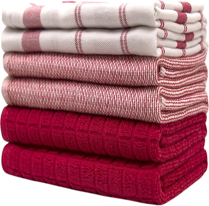 Premium Kitchen Towels (20”x 28”, 6 Pack) | Large Cotton Dish Towels | Flat & Terry Highly Absorbent Kitchen Linen Set with Hanging Loop | Red Check
