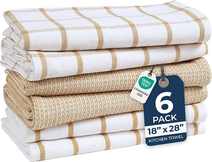 LANE LINEN Cotton Kitchen Towels and Dish Cloths Set, 6-Pack – Absorbent, Quick-Drying Dish Towel, 18" x 28", Soft, Premium Hand and Tea Towels - Beige