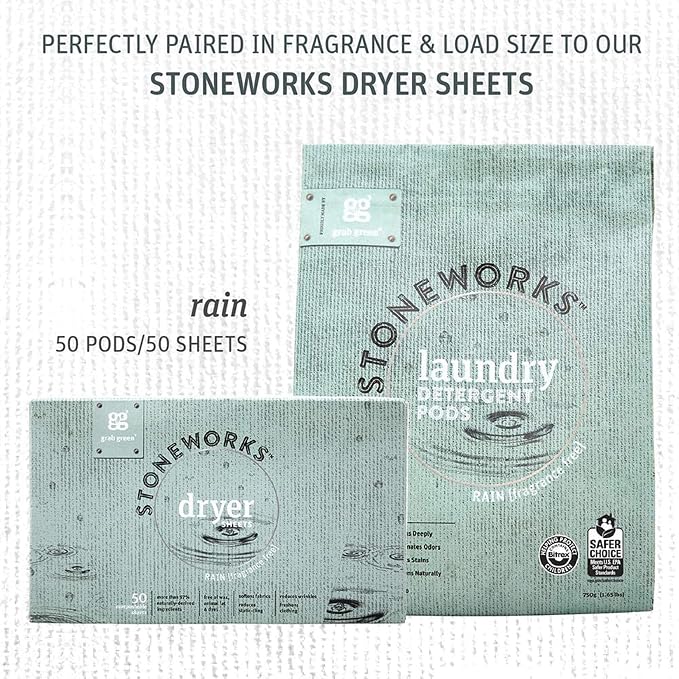 Grab Green Stoneworks Laundry Detergent Pods, 50 Loads, Fragrance Free | EPA Safer Choice; Plant & Mineral-Based; Fights stains; Eliminates odors; Softens naturally; No Harsh Chemicals