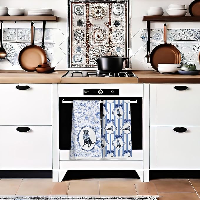 Chinoiserie Black Labrador Retriever Kitchen Towels, Blue and White Floral Black Lab Gifts Dish Tea Towels,Grandmillennial Botanical Dog Hand Towels for Kitchen Bathroom, 16x24 Inch Set of 2