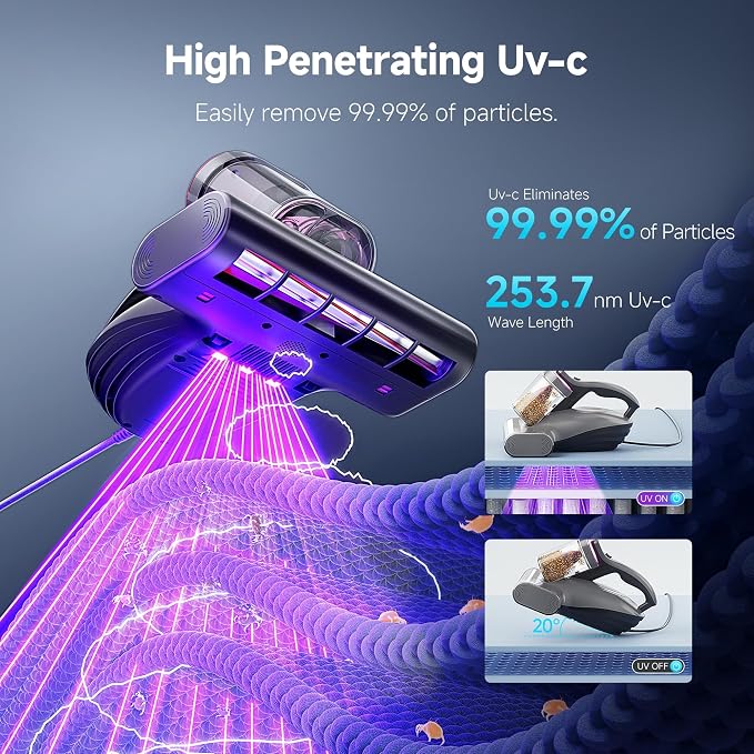 uwant Mattress Vacuum Cleaner, 16KPa 450W Suction Bed Vacuum Cleaner with 253.7nm UV-C Light & Ultrasonic, 149°F Heat, 36000 RPM/Min Tapping, HEPA Filter for Bed Sofa Crib