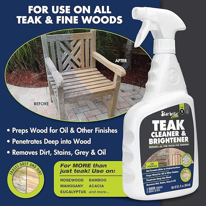 STAR BRITE Teak Cleaner & Brightener Gel Spray - 32 OZ - Vertical Surface Stick Formula - Prepares Wood for Oil & Finishes