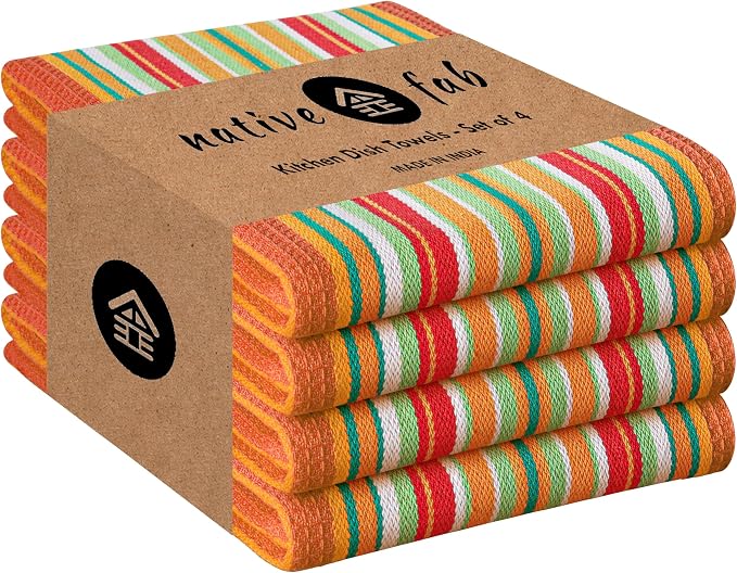 Native Fab Mexican Salsa Stripe Dish Towels, 4 Pack, 18x28, Super Absorbent, 100% Cotton Kitchen Towels for Drying, Reusable and Durable Washable Towels for Everyday Cooking and Cleaning, Orange