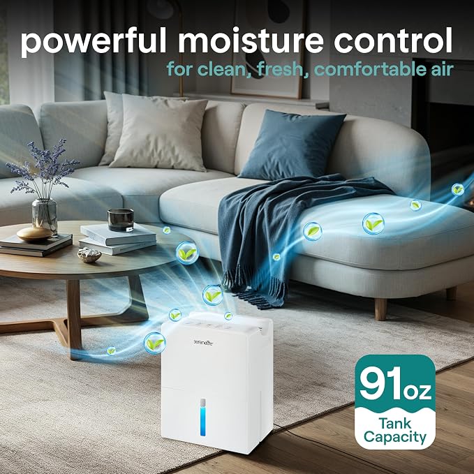 SereneLife 91 OZ Dehumidifier For Home | Covers 1200 SQ FT For Basements, Bedrooms, Bathrooms & Offices | Includes Removable Natural Dehumidifier For Closet | Set Timer, Sleep Mode & Humidity | White
