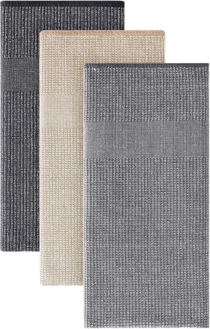 Homaxy Premium Kitchen Towels(18”x 28”, 3 Pack), Large Cotton Kitchen Hand Towels, Flat and Terry Dish Towels, 380 GSM Highly Absorbent Tea Towel Set with Hanging Loop, Grey/Khaki/Black