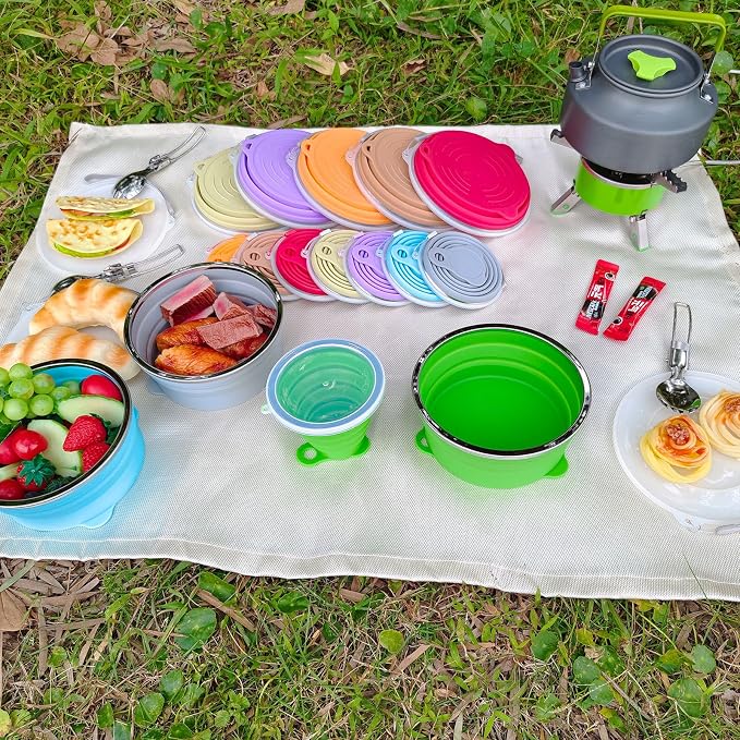 Mess Kit for Camping Silicone Collapsible Bowl Collapsible Cup and Stainless Steel Spoon for Backpacking Outdoor Hiking Traveling and Picnic - 2 Pack