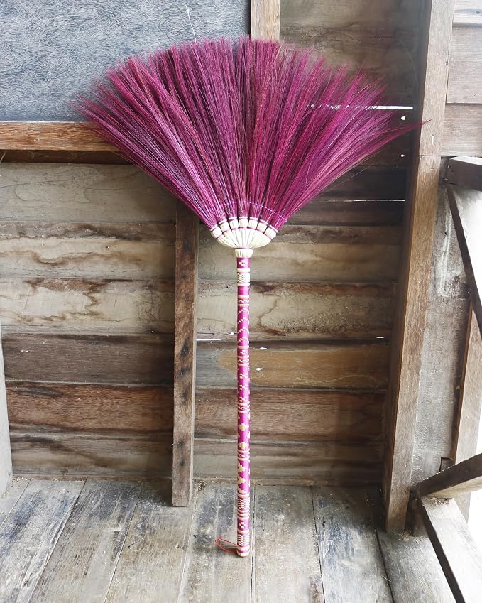 Asian Broom,Natural Grass Thai Broom Vintage Retro Embroidered Woven Nylon, Handmade Broom, Housewarming Gift, Witch Broom,Bamboo Stick Handle, Durable Broom for Indoor & Outdoor 40"