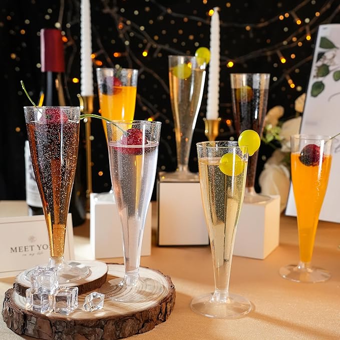Bestluck 50 Pack Champagne Flutes Plastic, 4.5 oz Silver Glitter Plastic Disposable Stemware, Disposable Champagne Flutes for Party, Mimosa Bar, Wedding, Anniversary and Graduation