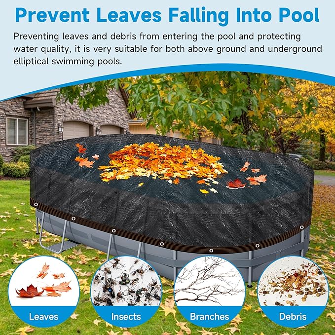Pool Leaf Net Cover 15x30 Oval Above Ground, Black Mesh Swimming Pool Net Cover with Winch & Cable, Heavy-Duty Tear Resistant UV-Protected Weatherproof (Black, Oval-15FTX30FT)